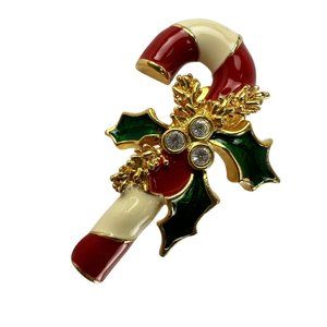 Christmas Candy Cane Enamel Brooch Holly & Crystals